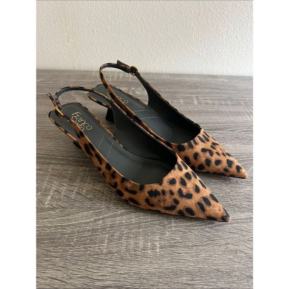 Franco Sarto Jaden Slingback Heels Leopard Print Pointed Toe Kitten Women’s 9M